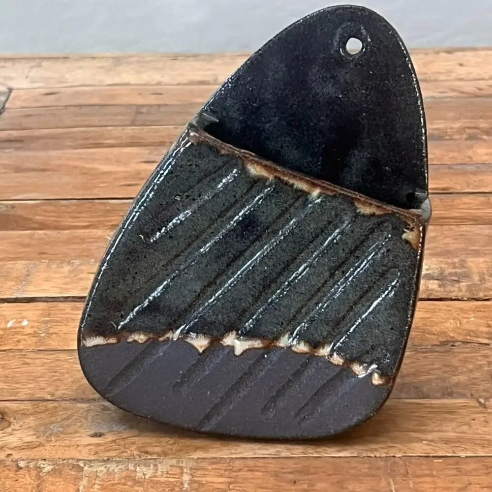 Studio Pottery Wall Pocket Vase 6.5 in Abstract Black Impressed Lines Decor